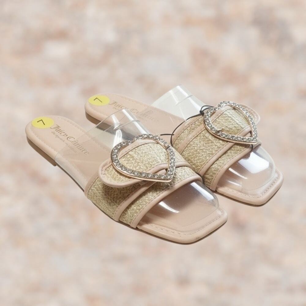 Juicy Couture Synthetic Raffia Slide Sandals with Heart Buckle Sz 7